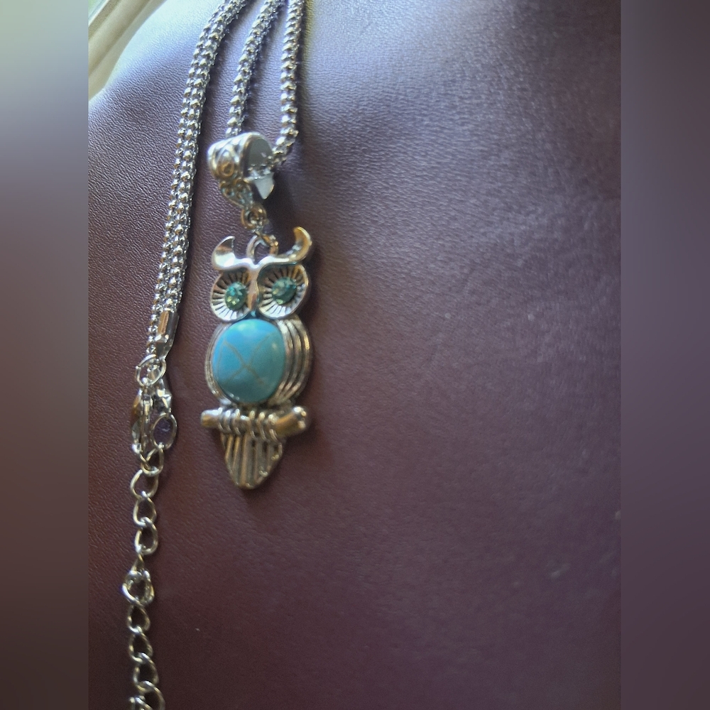 Silver Owl Pendant Necklace with Turquoise Accent - Picture 4 of 7